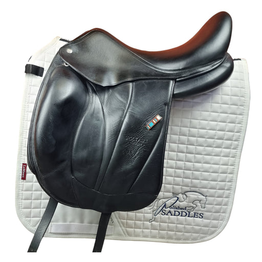 Voltaire Adelaide dressage saddle in black leather with blue voltaire branding