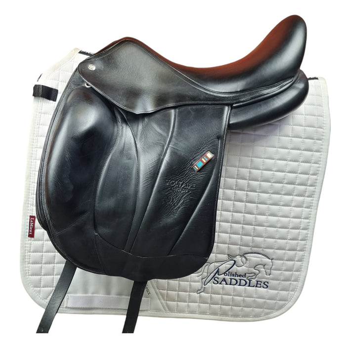 Voltaire Adelaide dressage saddle in black leather with blue voltaire branding