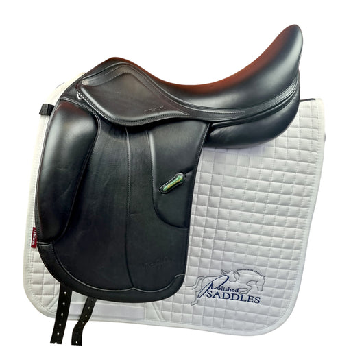 Black Amerigo Vega Dressage saddle on a white quilted saddle pad with 'Polished Saddles' branding.