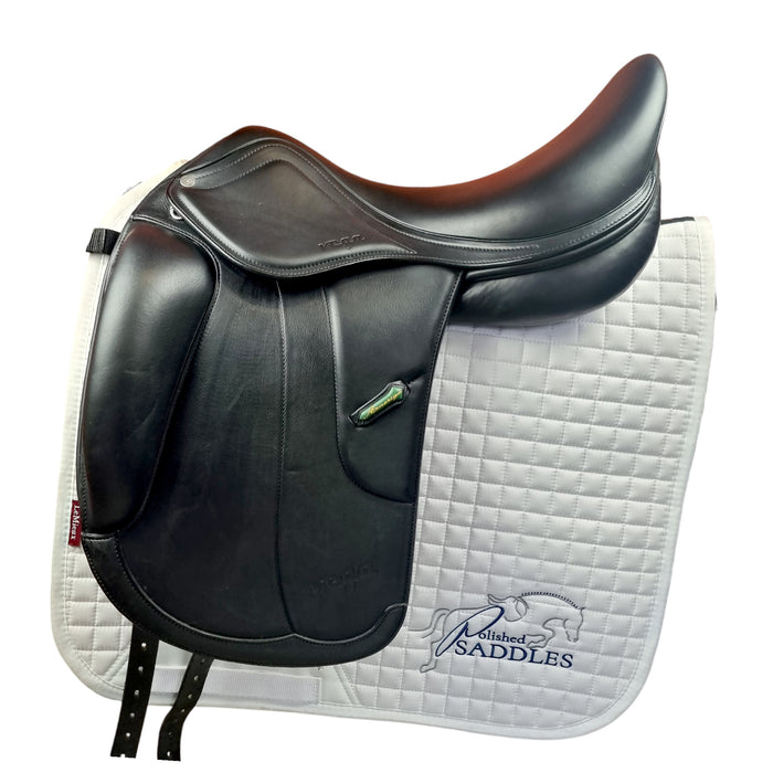 Black Amerigo Vega Dressage saddle on a white quilted saddle pad with 'Polished Saddles' branding.