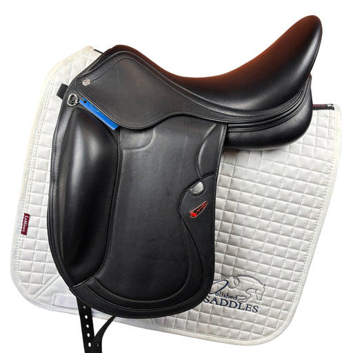 Equipe Elizabeth Dressage Saddle in black leather with new easily adjustable tree and flocked panels. 