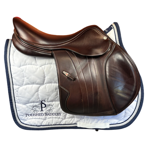 Polished Saddles 17.5 inch brown leather Equipe EKGO special jumping saddle with medium knee rolls on a white saddle pad.