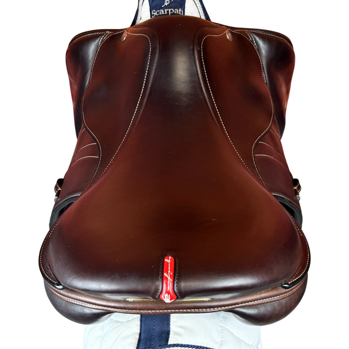 Polished Saddles brown leather 17.5 inch Equipe EKGO special jumping saddle with white stitching and red accent.