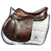 Polished Saddles brown calfskin leather Equipe EKGO 17.5 inch jumping saddle with medium knee rolls and white contrast stitching.